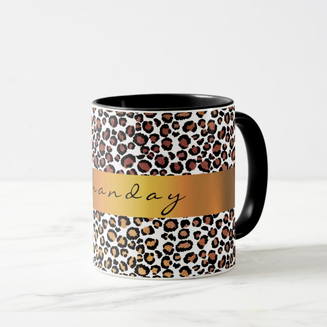 Leopard Animal Black White Guld Rand Namn Kaffe Mugg (Framsida höger)
