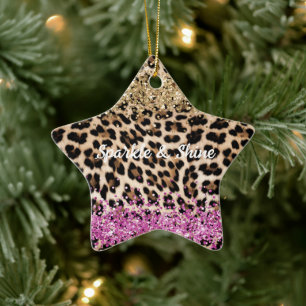 Leopard Animal Guld Girly Rosa Glitzy Glitter Julgransprydnad Keramik