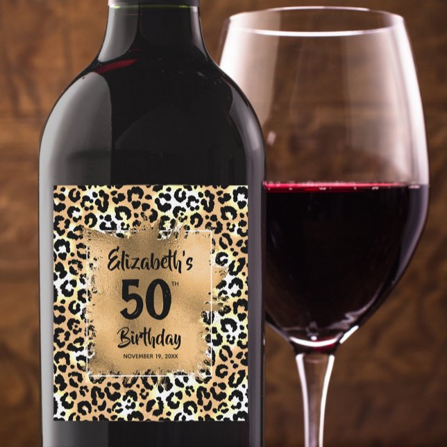 Leopard Animal Print 50:e födelsedagsdagen Personl Vinflaska Etikett (Skapare uppladdad)