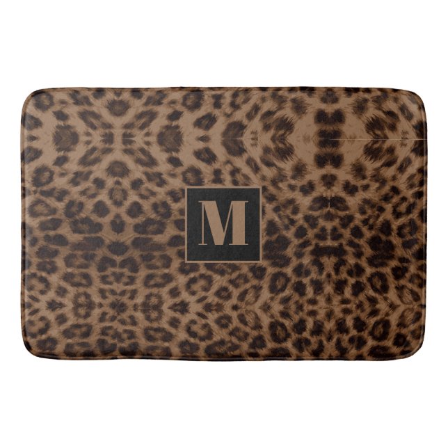 Leopard Animal Print Brown Black Chic Monogram Badrumsmatta (Framsidan)