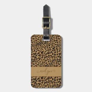 Leopard Animal Print Brown Elegant Script Namn Bagagebricka