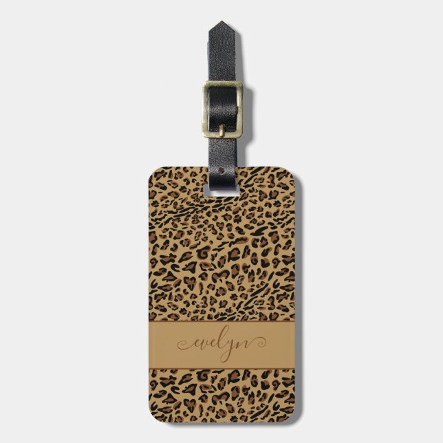 Leopard Animal Print Brown Elegant Script Namn Bagagebricka (Vertikal Framsida)
