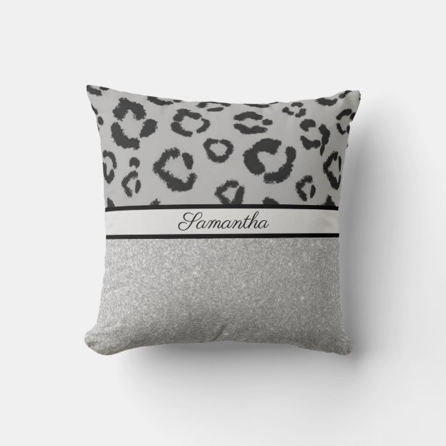 Leopard Animal Print Cheetah Glitter Silver Kudde (Framsida)