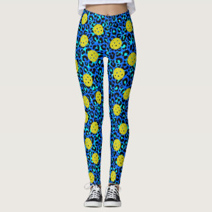 Leopard Animal Print Roligt Blue Gult Pickleball Leggings