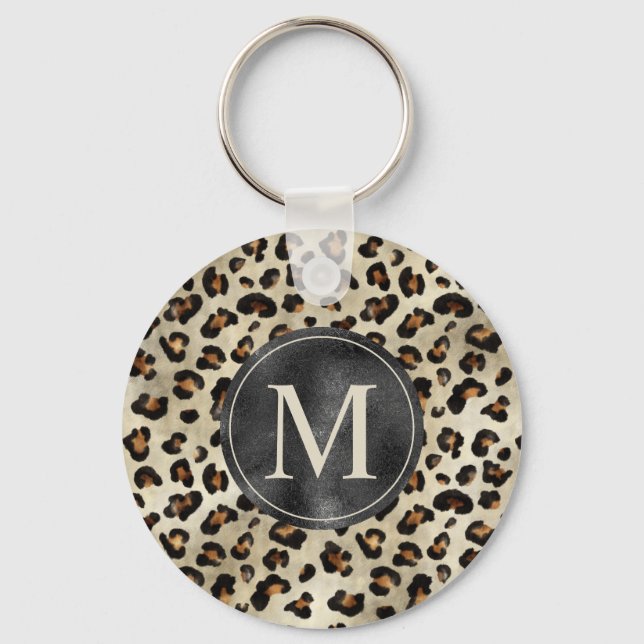 Leopard Animal Print With Black Faux Foil Monogram Nyckelring (Framsida)