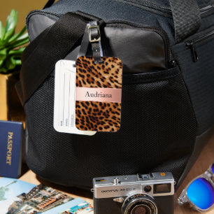 Leopard Animal Ro Rosa Ribbon Namn Bagagebricka