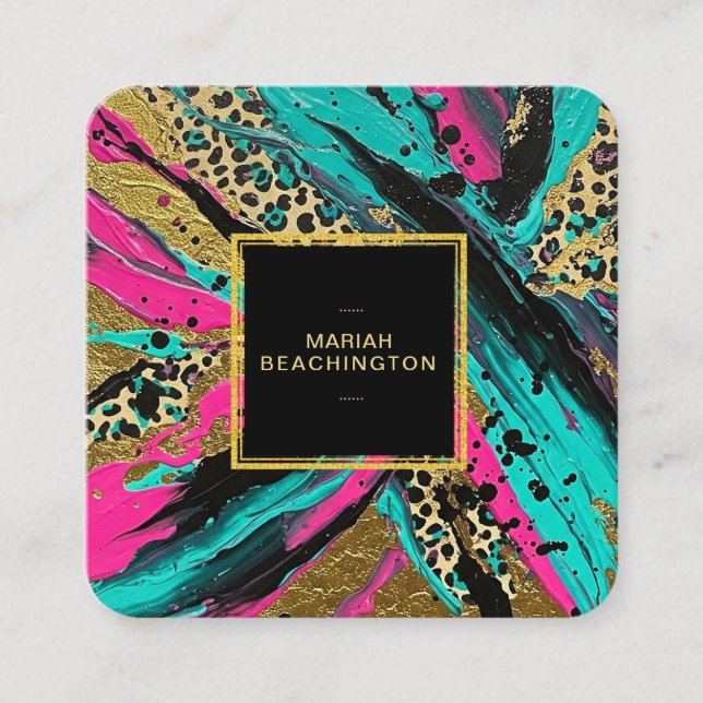 ** Leopard AP93 Abstrakt Animal Neon Guld Fold Fyrkantigt Visitkort (Framsida)