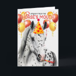 Leopard Appaloosa Horse Funny Birthday Kort<br><div class="desc">Lolly Leopard-beskyddad Appaloosa-häst vill skicka önskemål med hästälskare stil. Humoriserande budskap med gult- och rödballonger,  party hat- och bullermakare för ett festligt firande.</div>