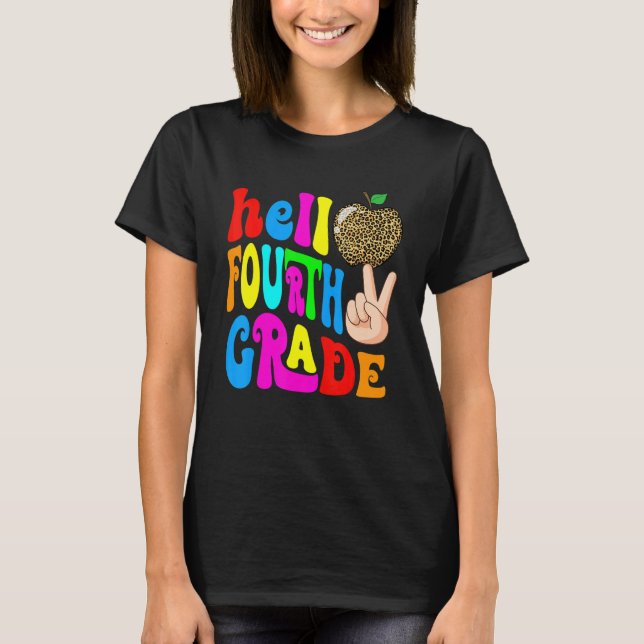 Leopard Apple Hello 4th Grade Teacher Kids Back To T Shirt (Framsida)