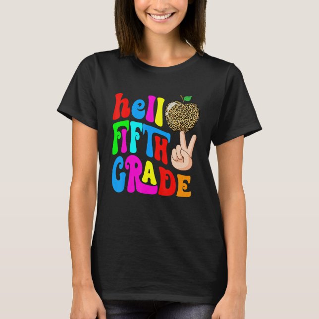 Leopard Apple Hello 5th Grade Teacher Kids Back To T Shirt (Framsida)