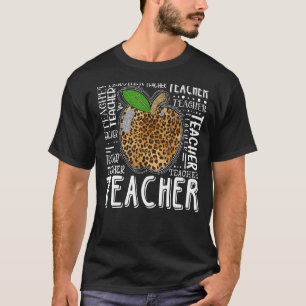 Leopard Apple Teacher Typography Lycklig First Day T Shirt
