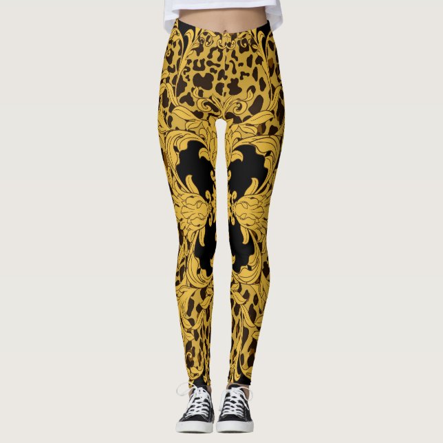 Leopard Baroque, Ornate Animal Print Leggings (Framsida)