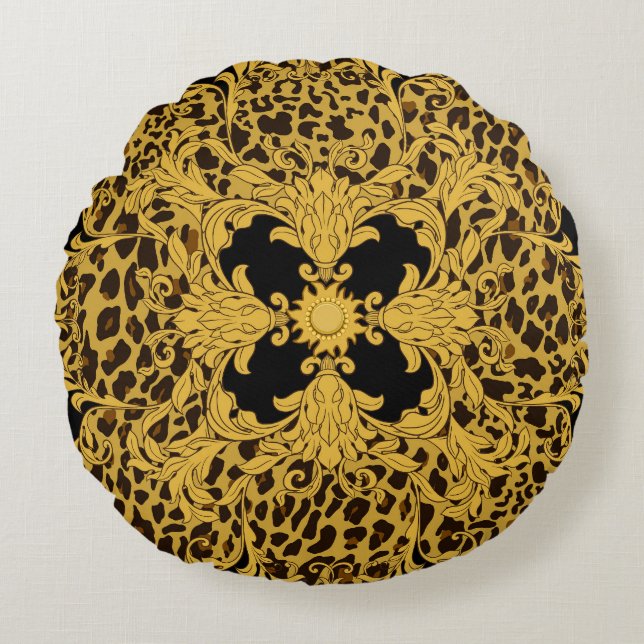 Leopard Baroque, Ornate Animal Print Rund Kudde (Framsidan)