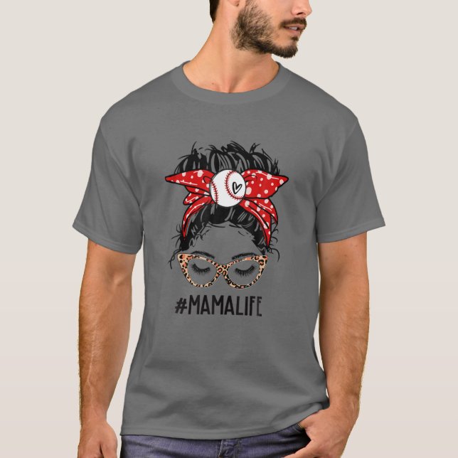 Leopard Baseball Mamma Life Messy Bun Game Day Mot T Shirt (Framsida)