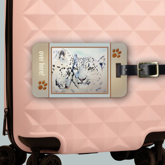 Leopard Big Cat Kärlek Luggage Tag Bagagebricka (Luggage tag featuring a watercolor of two lovely leopards framed by cute cat paws and your own text)
