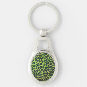Leopard Black and Grönt Print Ovalt Silverfärgad Nyckelring