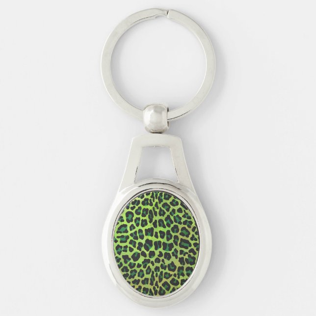 Leopard Black and Grönt Print Ovalt Silverfärgad Nyckelring (Framsidan)