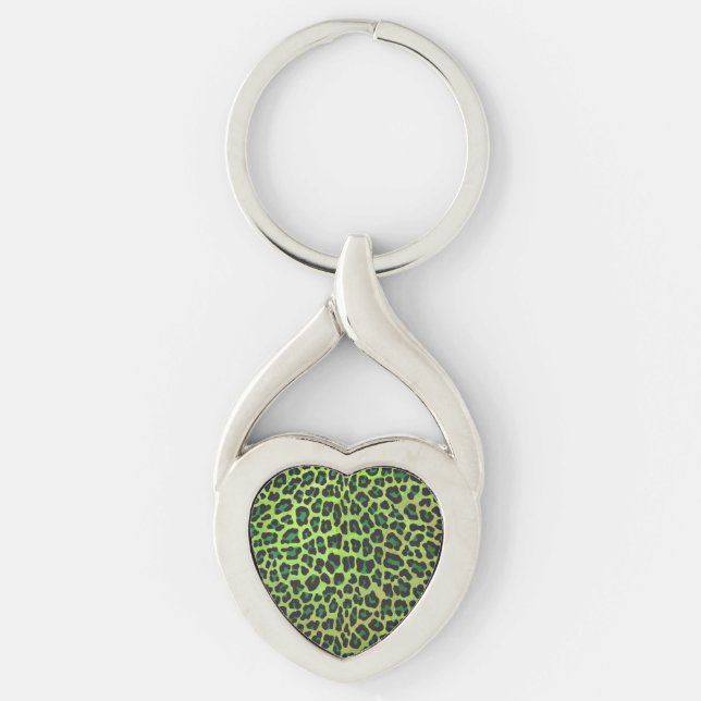 Leopard Black and Grönt Print Twisted Heart Silverfärgad Nyckelring (Framsidan)