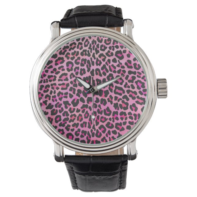 Leopard Black and Shock rosa Print Armbandsur (Framsida)