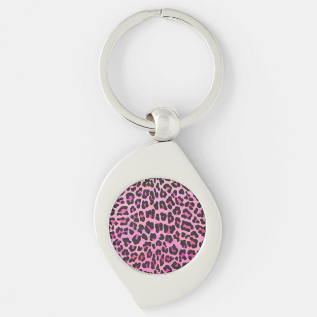 Leopard Black and Shock rosa Print Swirl Silverfärgad Nyckelring (Framsidan)