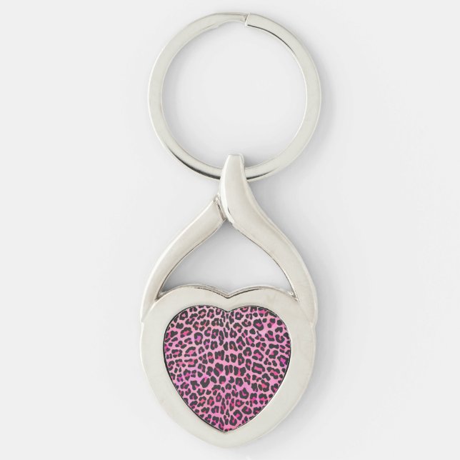 Leopard Black and Shock rosa Print Twisted Heart Silverfärgad Nyckelring (Framsidan)
