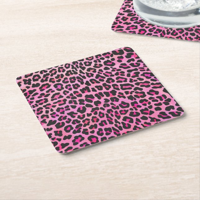 Leopard Black and Shock rosa Print Underlägg Papper Kvadrat (Vinklad)