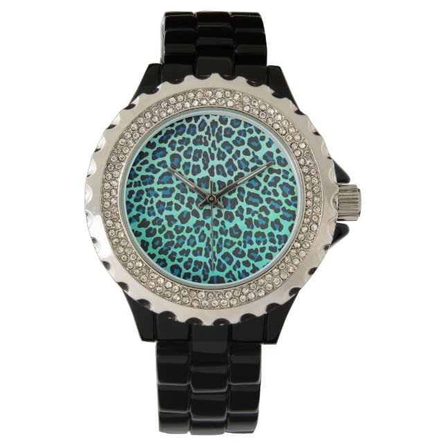 Leopard Black and Teal Print Armbandsur (Framsida)