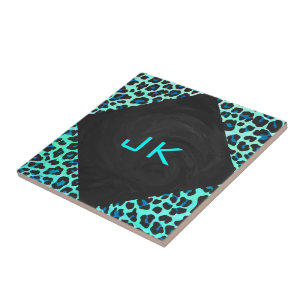 Leopard Black and Teal Print Kakelplatta
