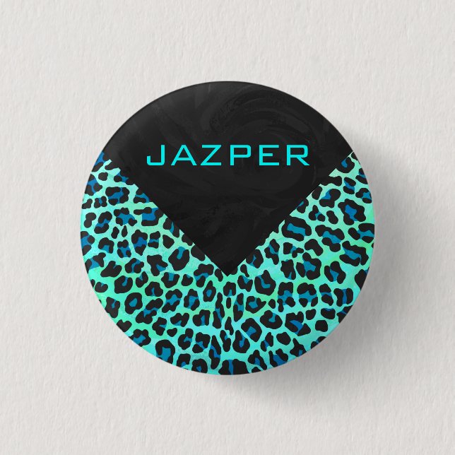 Leopard Black and Teal Print Knapp (Framsida)