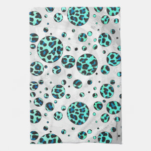 Leopard Black and Teal Print Kökshandduk