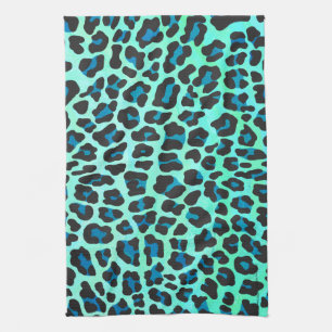 Leopard Black and Teal Print Kökshandduk