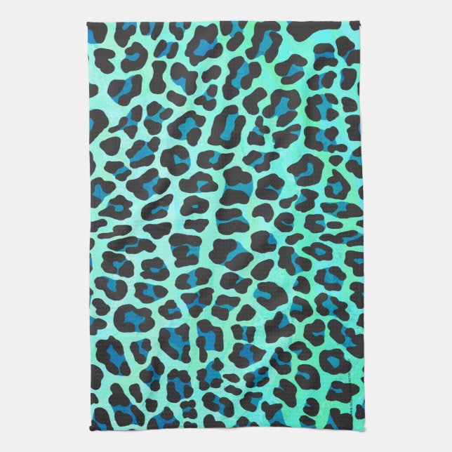 Leopard Black and Teal Print Kökshandduk (Vertikal)