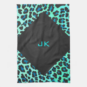 Leopard Black and Teal Print Kökshandduk
