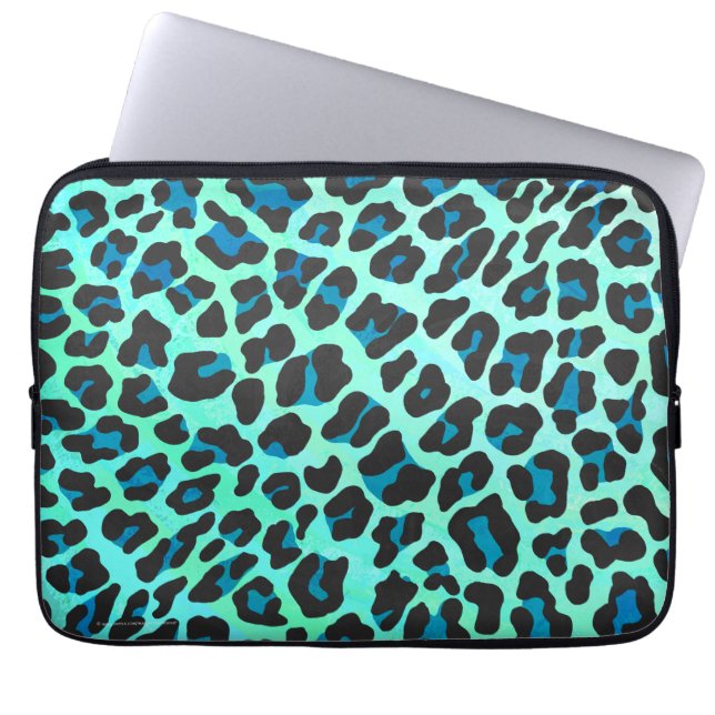 Leopard Black and Teal Print Laptop Sleeve (Framsidan)