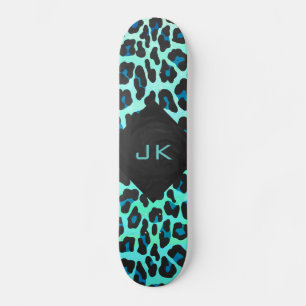 Leopard Black and Teal Print Mini Skateboard Bräda 18,7 Cm