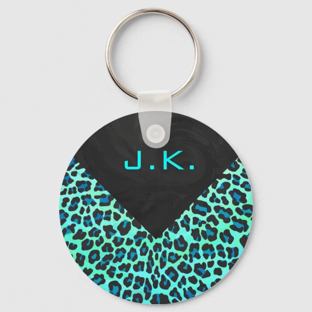 Leopard Black and Teal Print Nyckelring (Framsida)