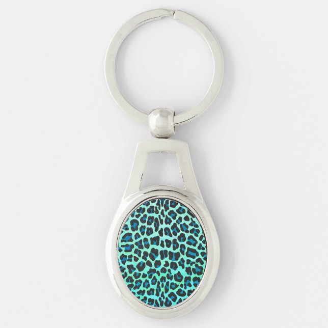 Leopard Black and Teal Print Ovalt Silverfärgad Nyckelring (Framsidan)
