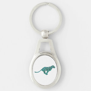 Leopard Black and Teal Print Ovalt Silverfärgad Nyckelring