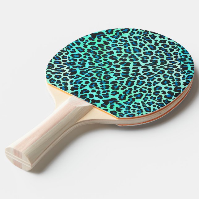 Leopard Black and Teal Print Pingisracket (Frontvinkel)