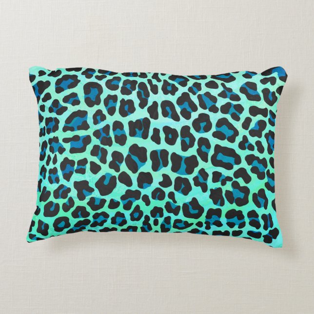 Leopard Black and Teal Print Prydnadskudde (Baksidan)