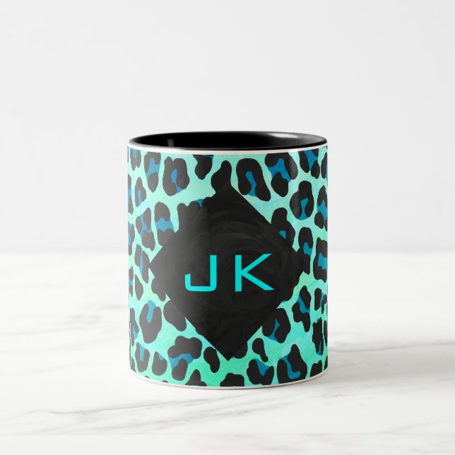 Leopard Black and Teal Print Två-Tonad Mugg (Center)