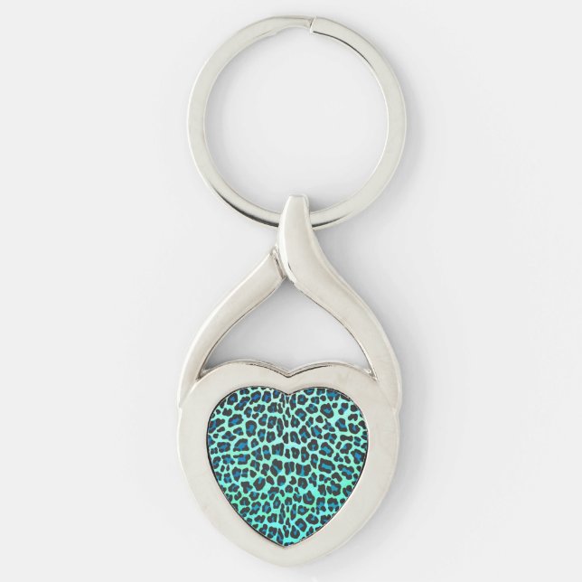 Leopard Black and Teal Print Twisted Heart Silverfärgad Nyckelring (Framsidan)
