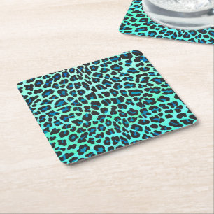 Leopard Black and Teal Print Underlägg Papper Kvadrat