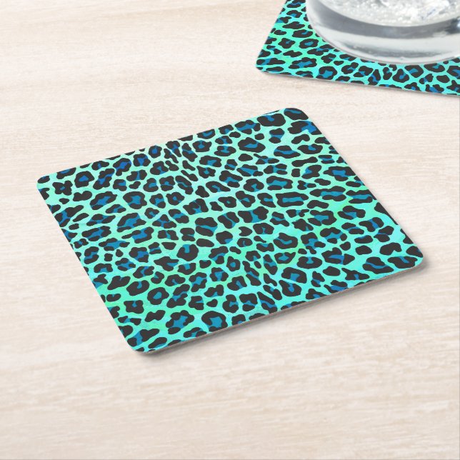 Leopard Black and Teal Print Underlägg Papper Kvadrat (Vinklad)