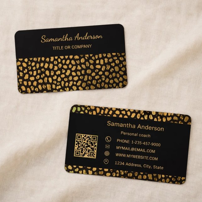 Leopard Black Gold Print QR Code luxury Visitkort (Skapare uppladdad)