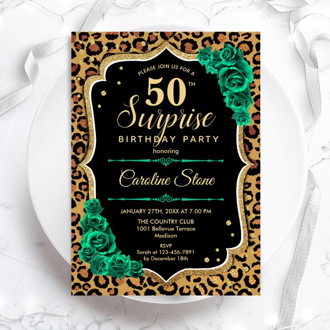Leopard Black Guld Grönt Surprise 50:e födelsedage Inbjudningar (Skapare uppladdad)