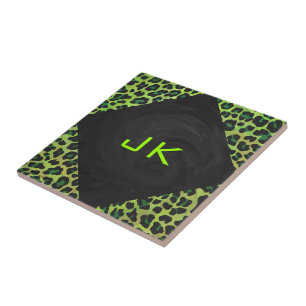 Leopard Black och Grönt med Monogram Kakelplatta