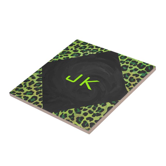 Leopard Black och Grönt med Monogram Kakelplatta (Sidan)