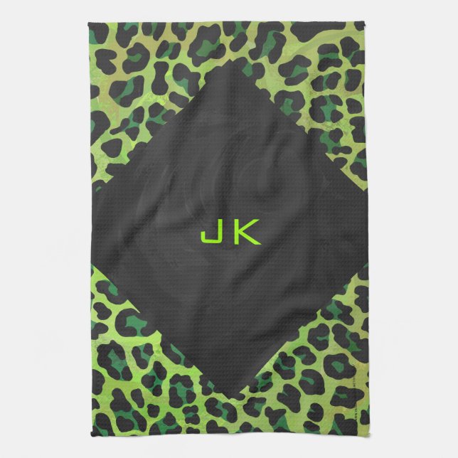 Leopard Black och Grönt med Monogram Kökshandduk (Vertikal)