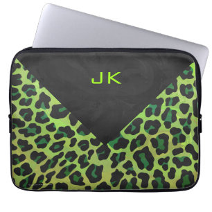 Leopard Black och Grönt med Monogram Laptop Fodral